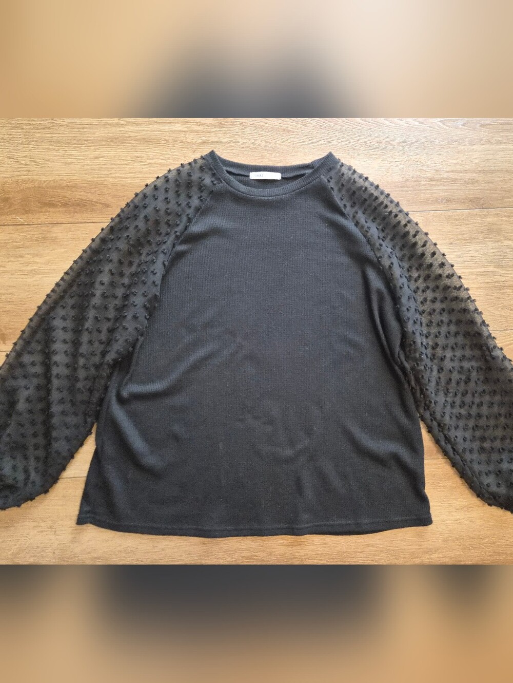​Miholl Black Waffle Knit Top Sheer Swiss Dot Balloon Sleeve XXL